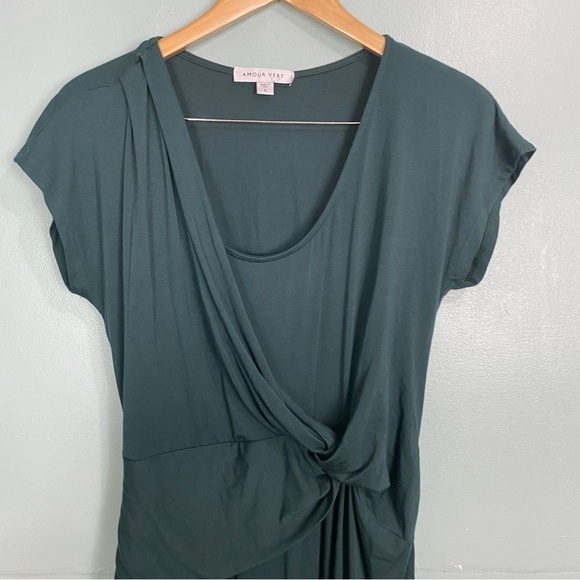 Amour Vert Hali Midi Dress Front Knot Short Sleeve Stretch‎ Sz S Comfort - Picture 2 of 6